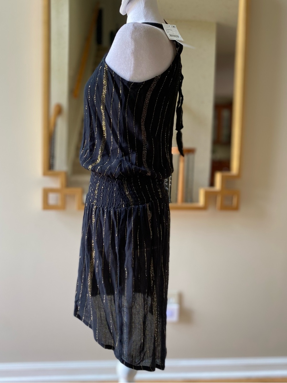 La Blanca Black Gold Shimmer Metallic Getaway Smocked Dress Coverup XS NWT - Picture 6 of 16